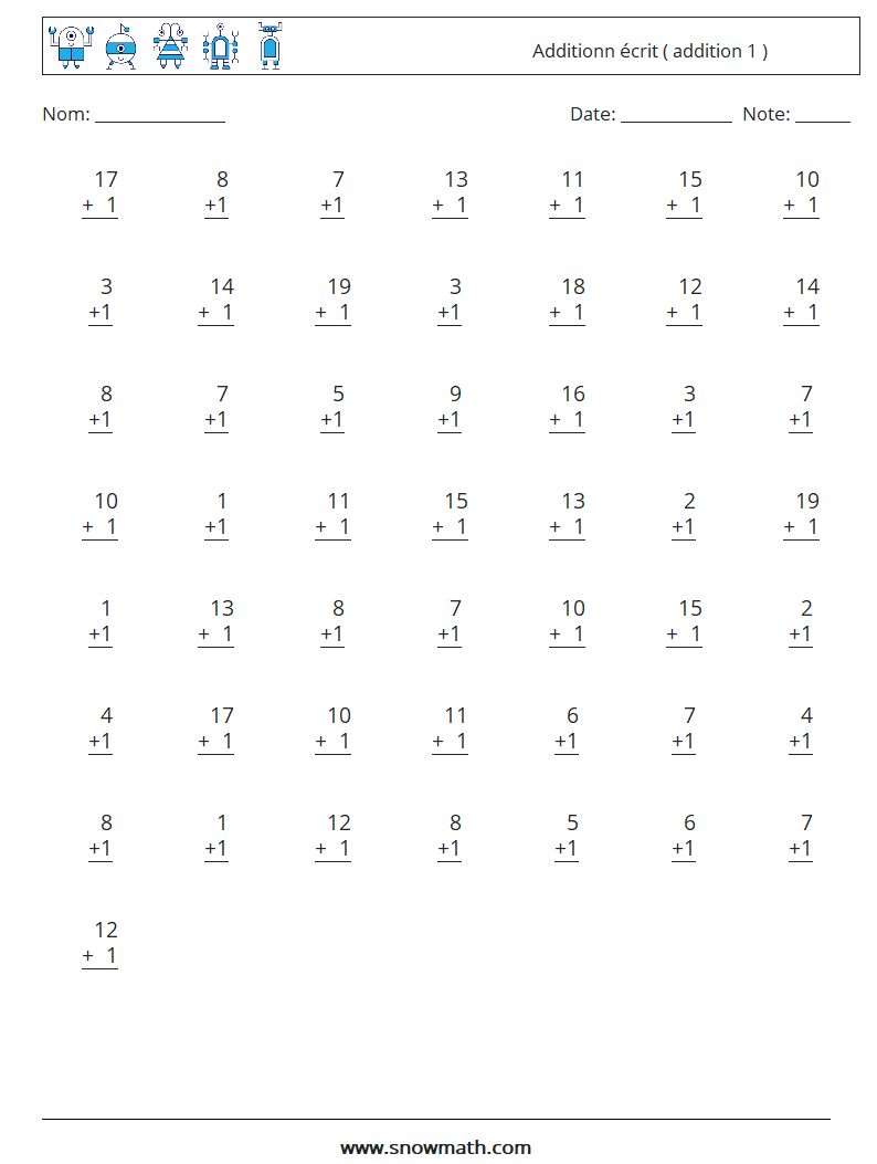 (50) Additionn écrit ( addition 1 ) Fiches d'Exercices de Mathématiques 3