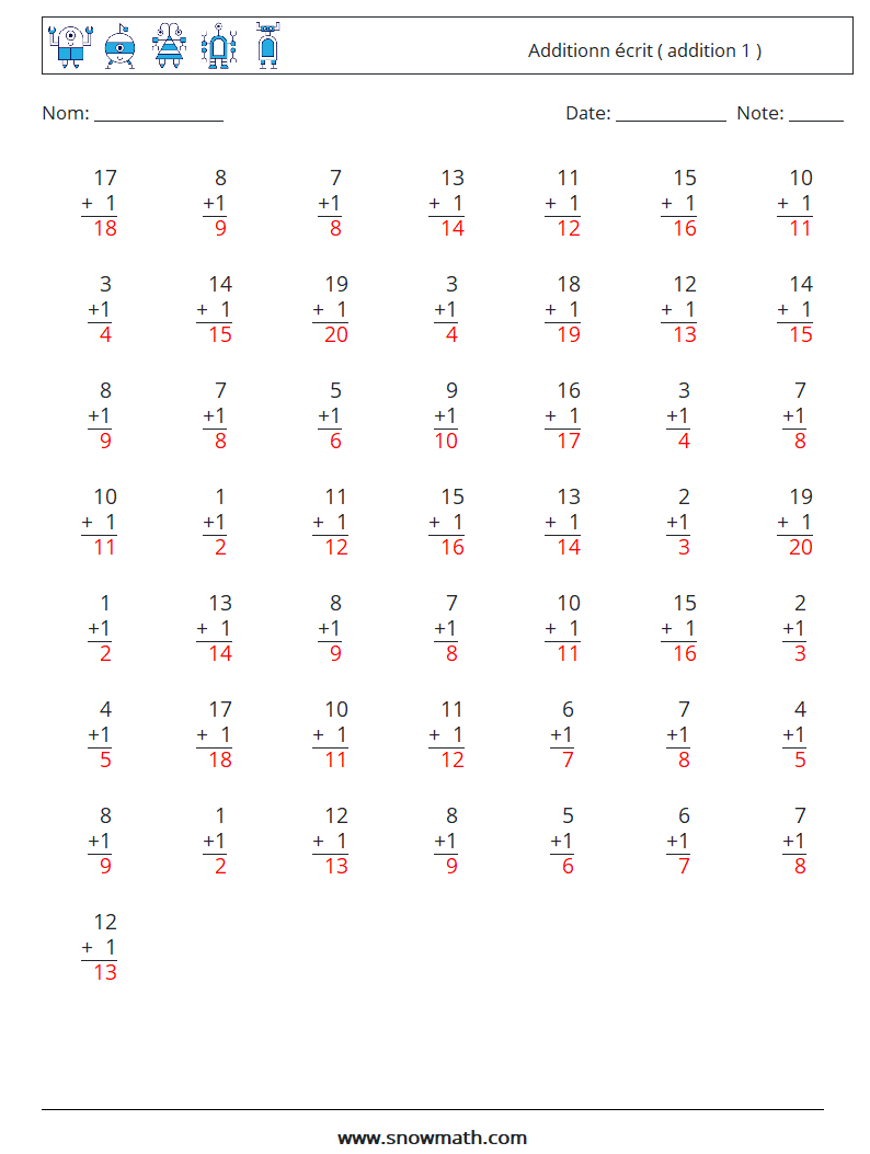 (50) Additionn écrit ( addition 1 ) Fiches d'Exercices de Mathématiques 3 Question, Réponse