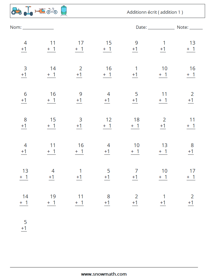 (50) Additionn écrit ( addition 1 ) Fiches d'Exercices de Mathématiques 5