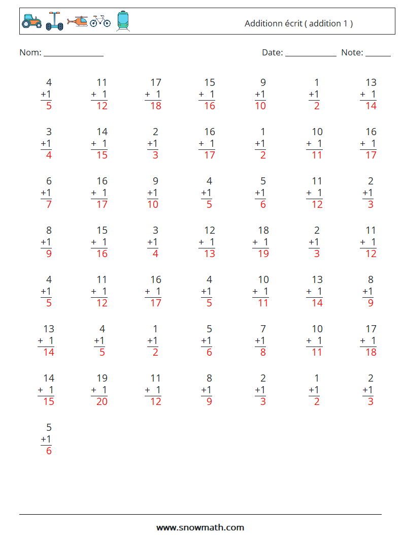 (50) Additionn écrit ( addition 1 ) Fiches d'Exercices de Mathématiques 5 Question, Réponse