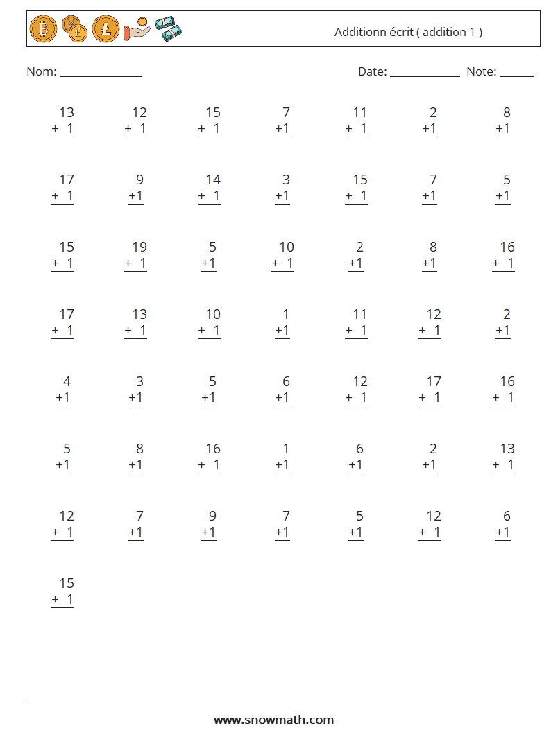 (50) Additionn écrit ( addition 1 ) Fiches d'Exercices de Mathématiques 7