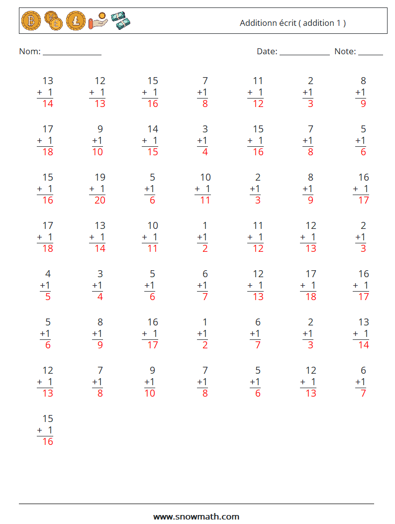 (50) Additionn écrit ( addition 1 ) Fiches d'Exercices de Mathématiques 7 Question, Réponse