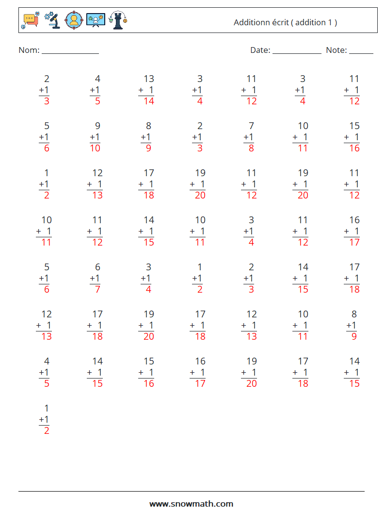 (50) Additionn écrit ( addition 1 ) Fiches d'Exercices de Mathématiques 8 Question, Réponse