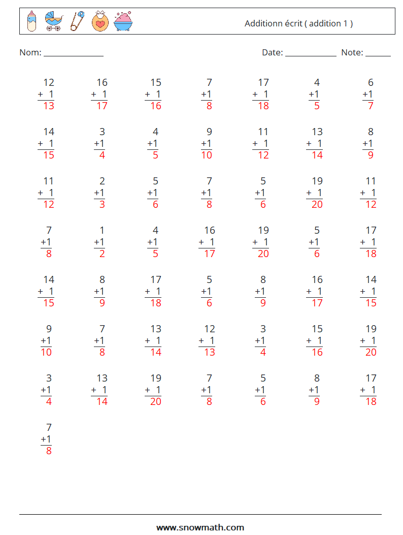 (50) Additionn écrit ( addition 1 ) Fiches d'Exercices de Mathématiques 9 Question, Réponse