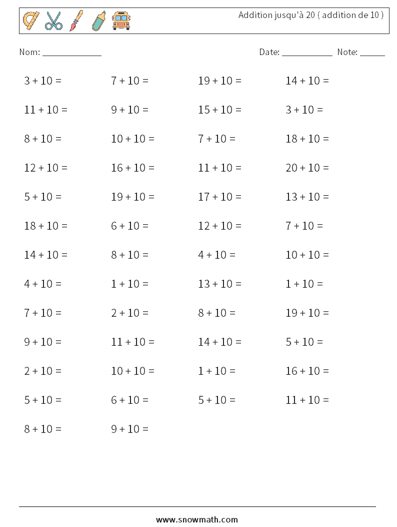 (50) Addition jusqu'à 20 ( addition de 10 ) Fiches d'Exercices de Mathématiques 1