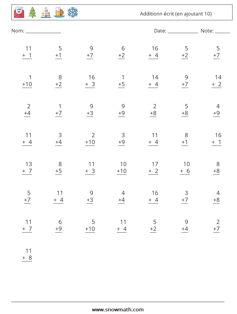 (50) Additionn écrit (en ajoutant 10) Fiches d'Exercices de Mathématiques 1