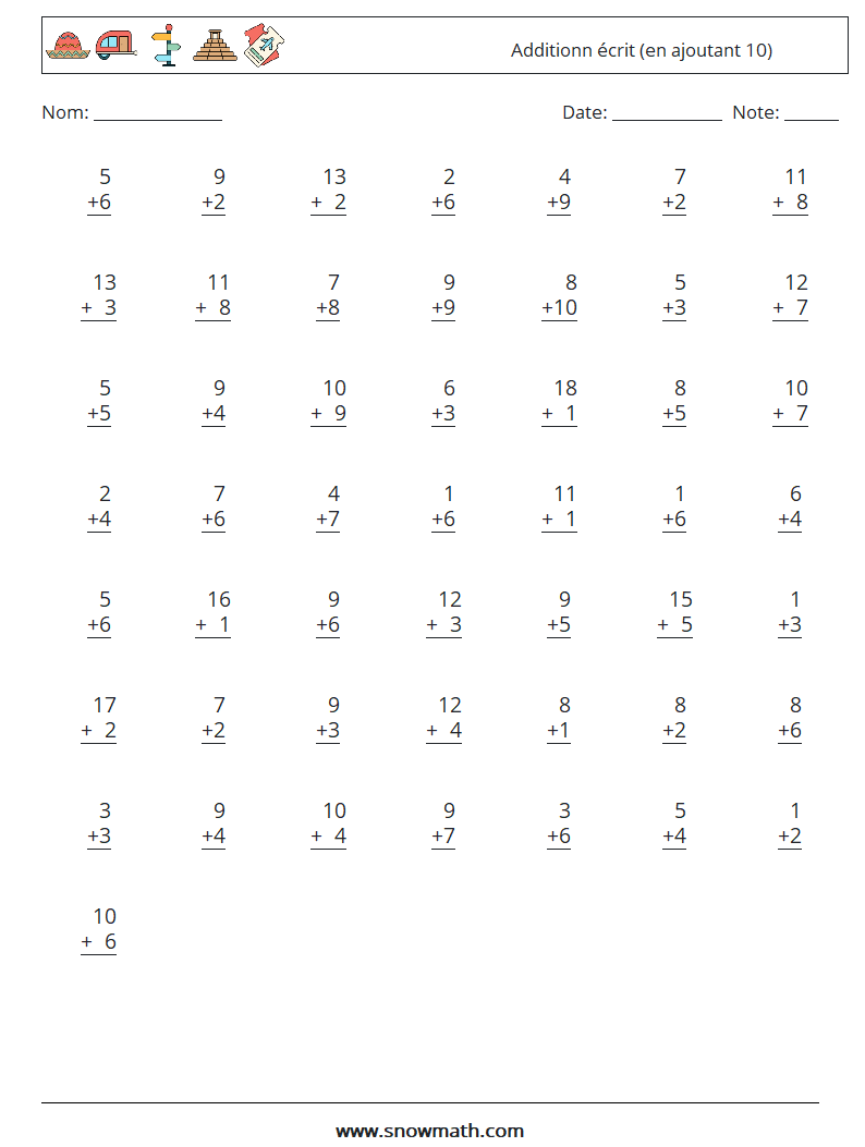 (50) Additionn écrit (en ajoutant 10) Fiches d'Exercices de Mathématiques 12