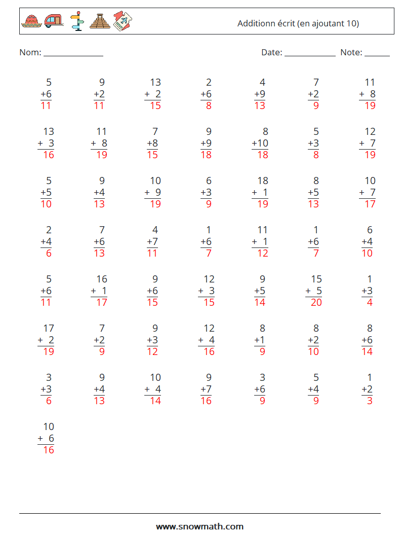 (50) Additionn écrit (en ajoutant 10) Fiches d'Exercices de Mathématiques 12 Question, Réponse