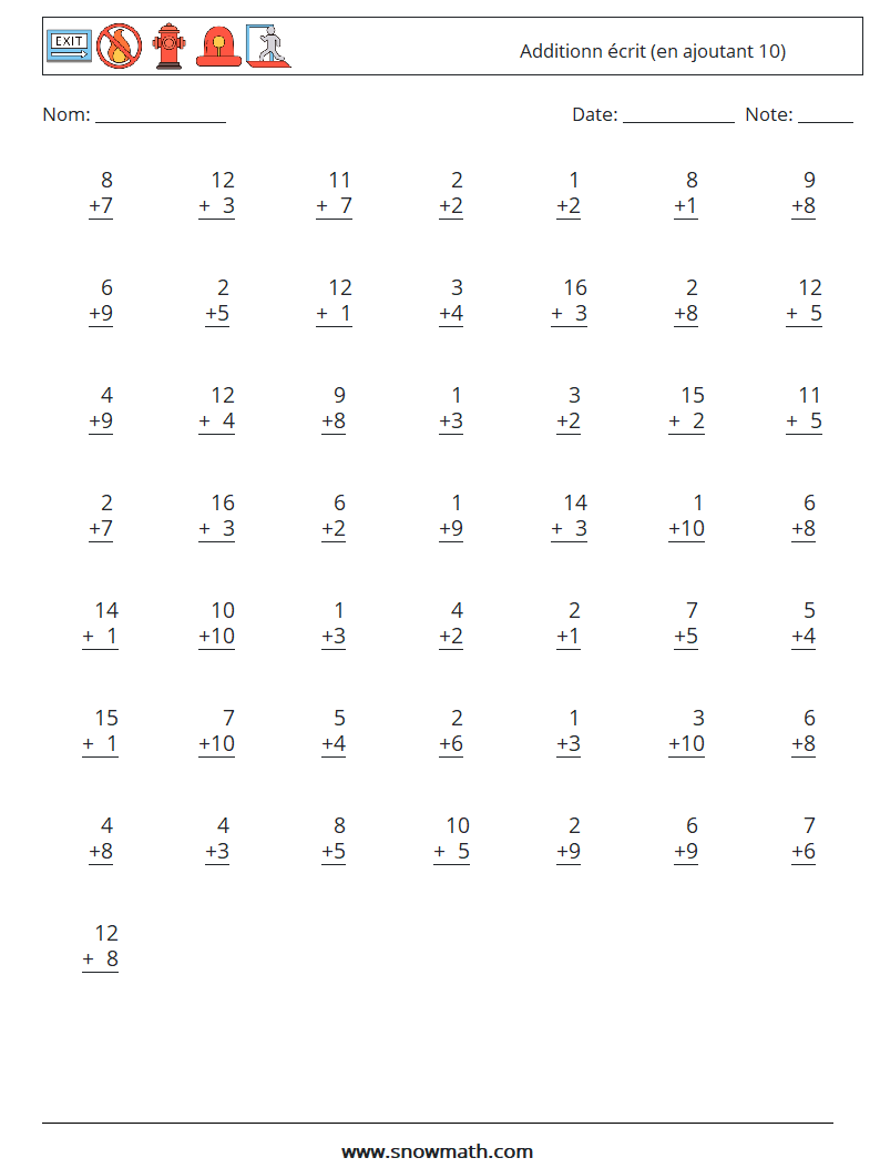 (50) Additionn écrit (en ajoutant 10) Fiches d'Exercices de Mathématiques 14