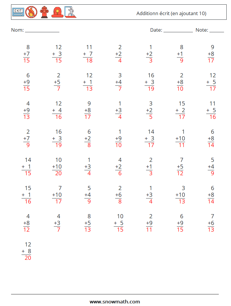 (50) Additionn écrit (en ajoutant 10) Fiches d'Exercices de Mathématiques 14 Question, Réponse