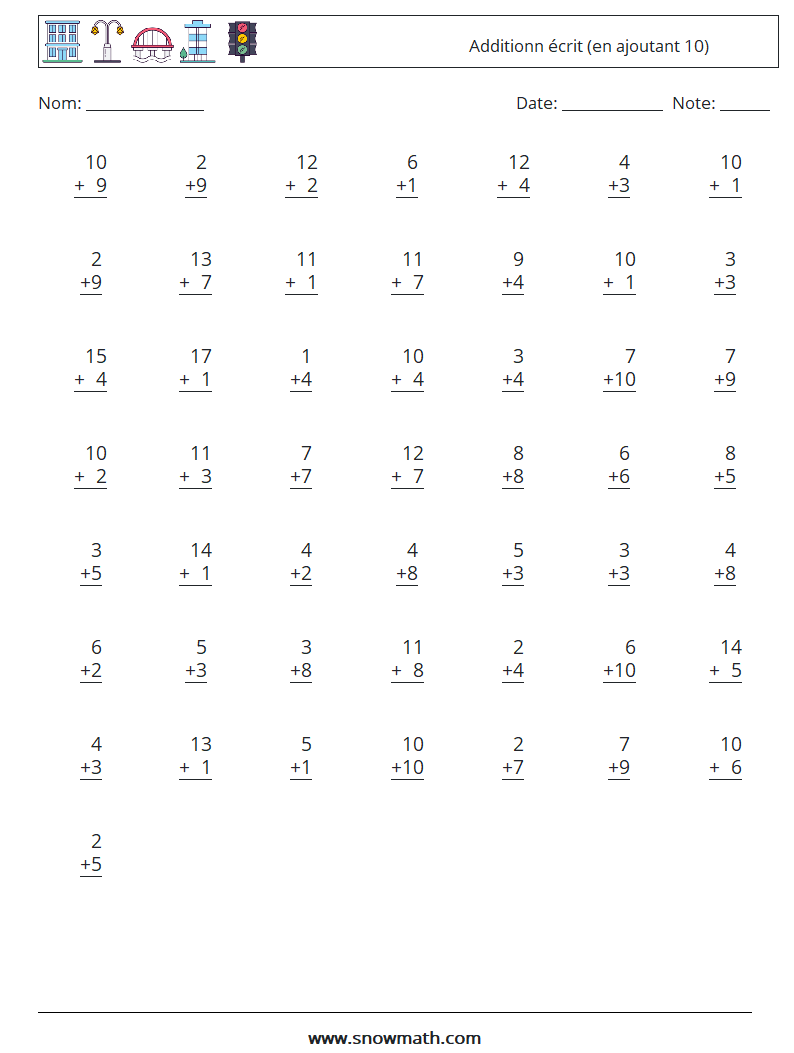 (50) Additionn écrit (en ajoutant 10) Fiches d'Exercices de Mathématiques 15