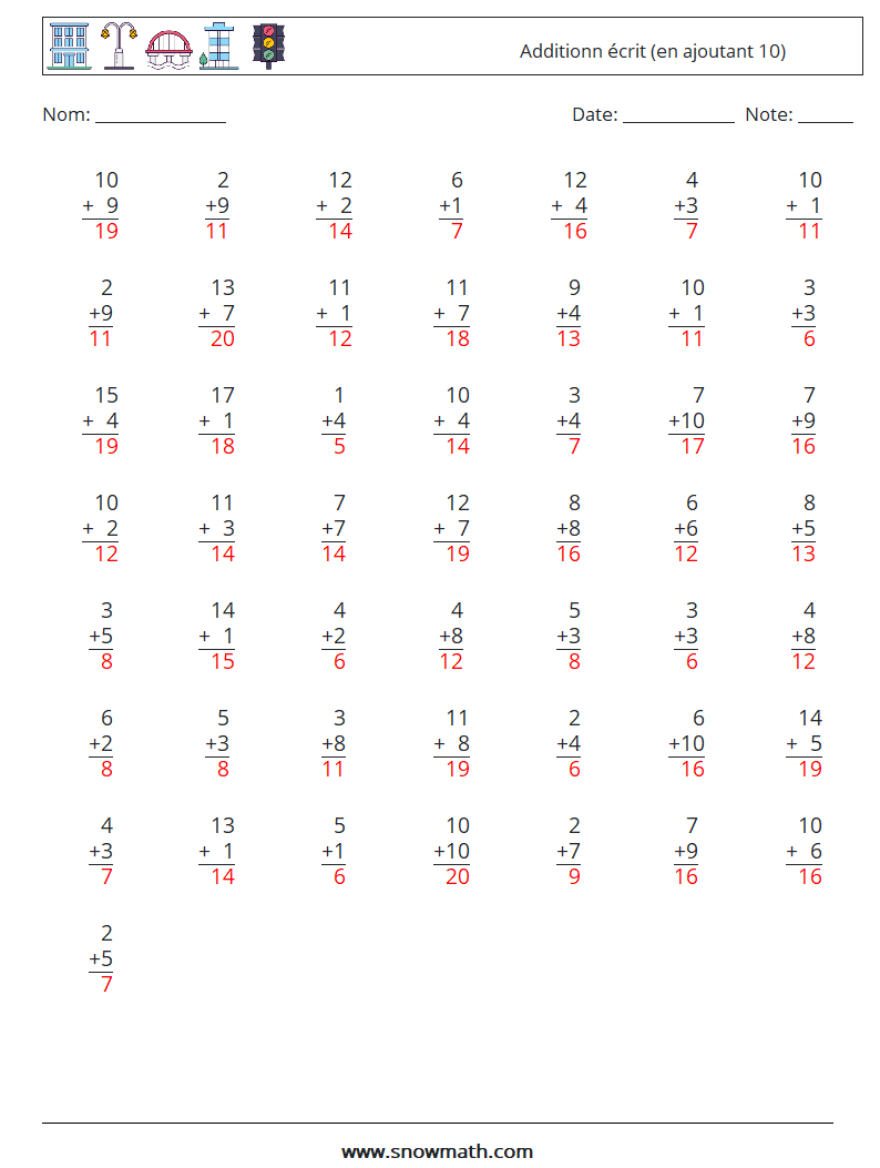 (50) Additionn écrit (en ajoutant 10) Fiches d'Exercices de Mathématiques 15 Question, Réponse