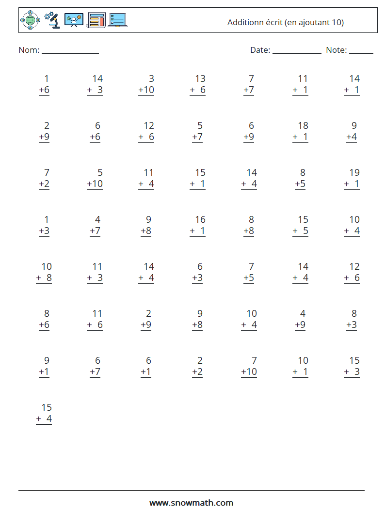 (50) Additionn écrit (en ajoutant 10) Fiches d'Exercices de Mathématiques 16