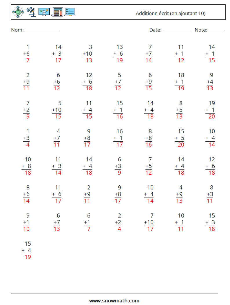 (50) Additionn écrit (en ajoutant 10) Fiches d'Exercices de Mathématiques 16 Question, Réponse