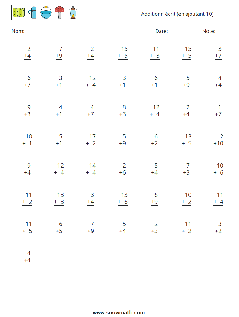 (50) Additionn écrit (en ajoutant 10) Fiches d'Exercices de Mathématiques 17