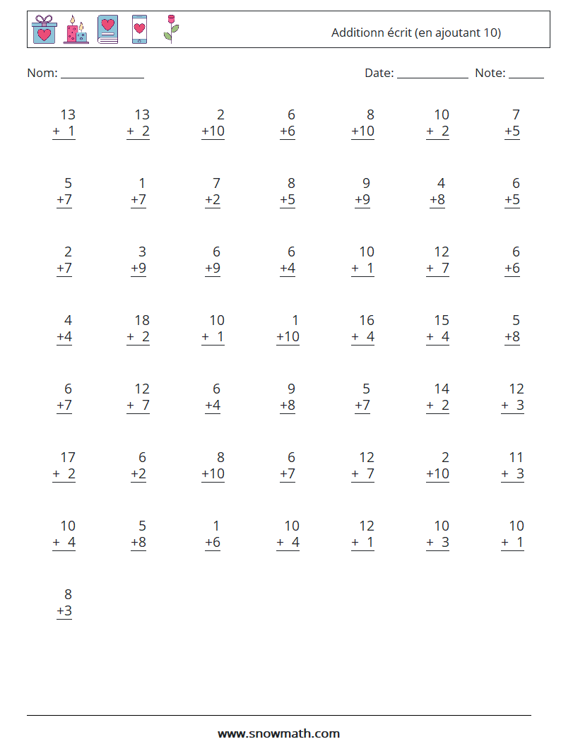 (50) Additionn écrit (en ajoutant 10) Fiches d'Exercices de Mathématiques 18