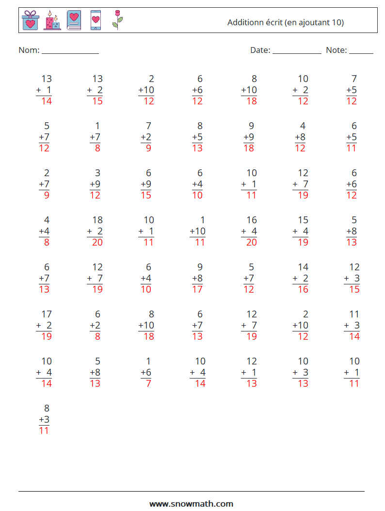 (50) Additionn écrit (en ajoutant 10) Fiches d'Exercices de Mathématiques 18 Question, Réponse