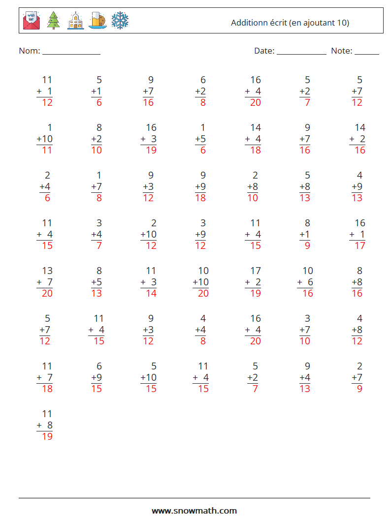 (50) Additionn écrit (en ajoutant 10) Fiches d'Exercices de Mathématiques 1 Question, Réponse