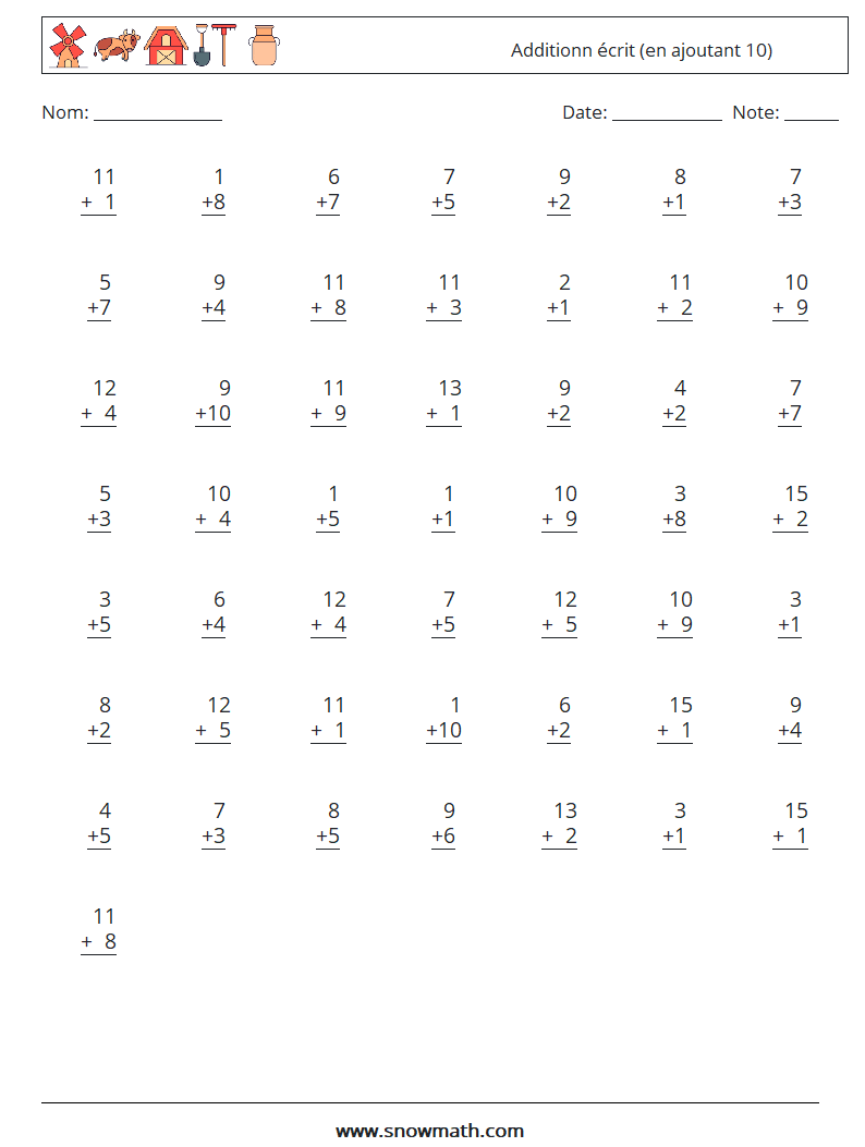 (50) Additionn écrit (en ajoutant 10) Fiches d'Exercices de Mathématiques 2