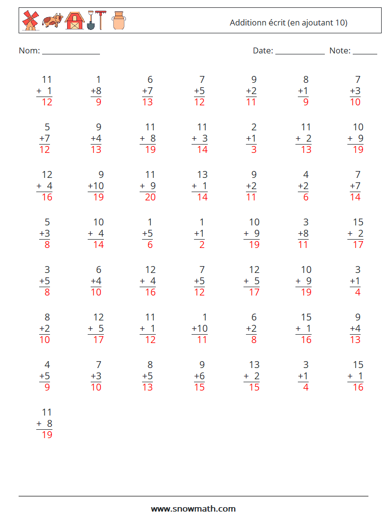 (50) Additionn écrit (en ajoutant 10) Fiches d'Exercices de Mathématiques 2 Question, Réponse