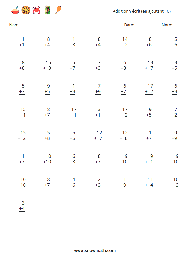 (50) Additionn écrit (en ajoutant 10) Fiches d'Exercices de Mathématiques 3