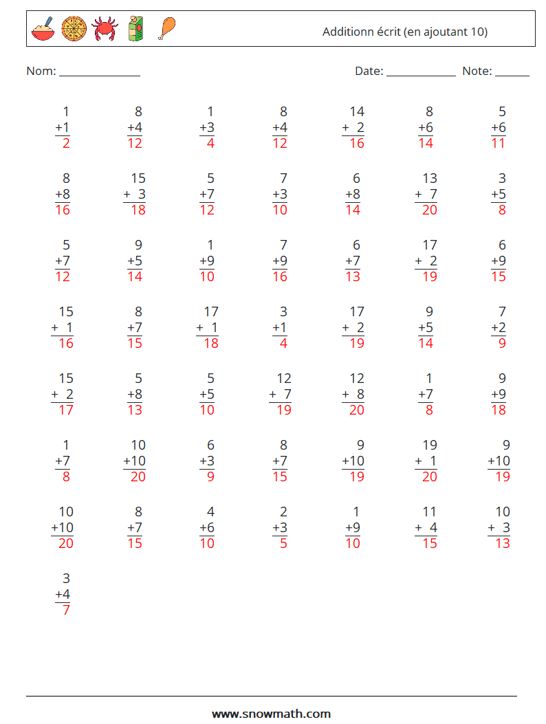 (50) Additionn écrit (en ajoutant 10) Fiches d'Exercices de Mathématiques 3 Question, Réponse