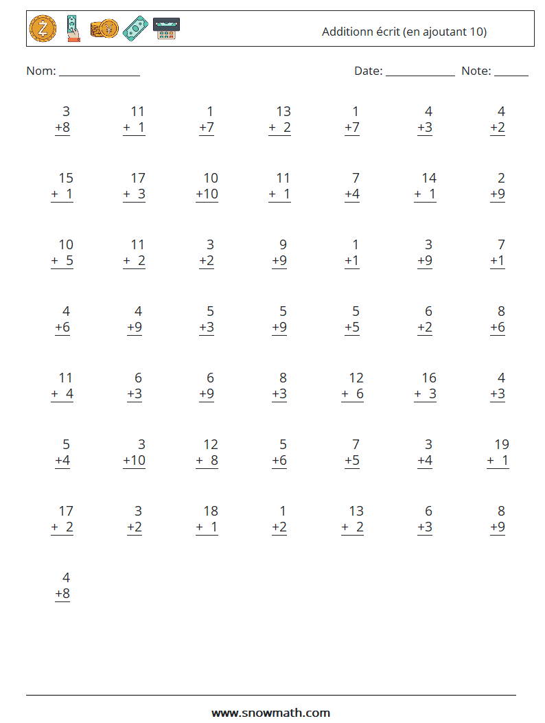 (50) Additionn écrit (en ajoutant 10) Fiches d'Exercices de Mathématiques 4