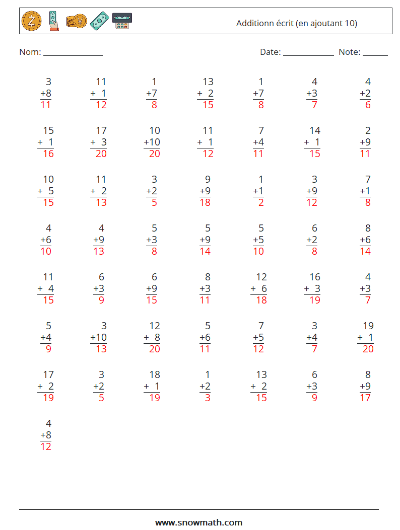 (50) Additionn écrit (en ajoutant 10) Fiches d'Exercices de Mathématiques 4 Question, Réponse