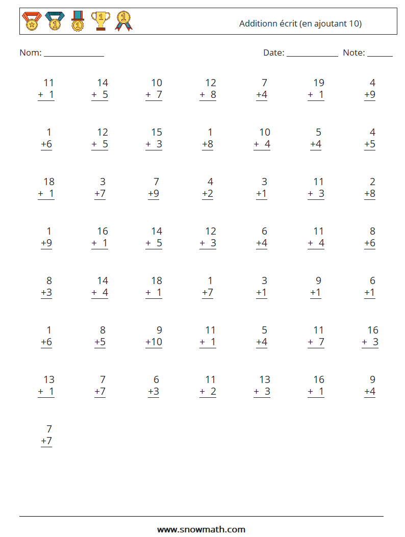 (50) Additionn écrit (en ajoutant 10) Fiches d'Exercices de Mathématiques 5