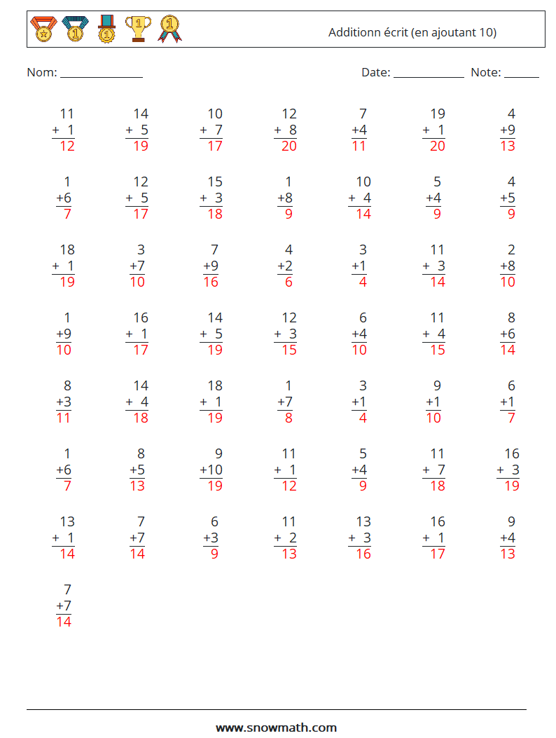 (50) Additionn écrit (en ajoutant 10) Fiches d'Exercices de Mathématiques 5 Question, Réponse