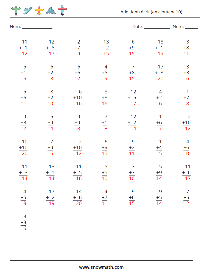 (50) Additionn écrit (en ajoutant 10) Fiches d'Exercices de Mathématiques 7 Question, Réponse