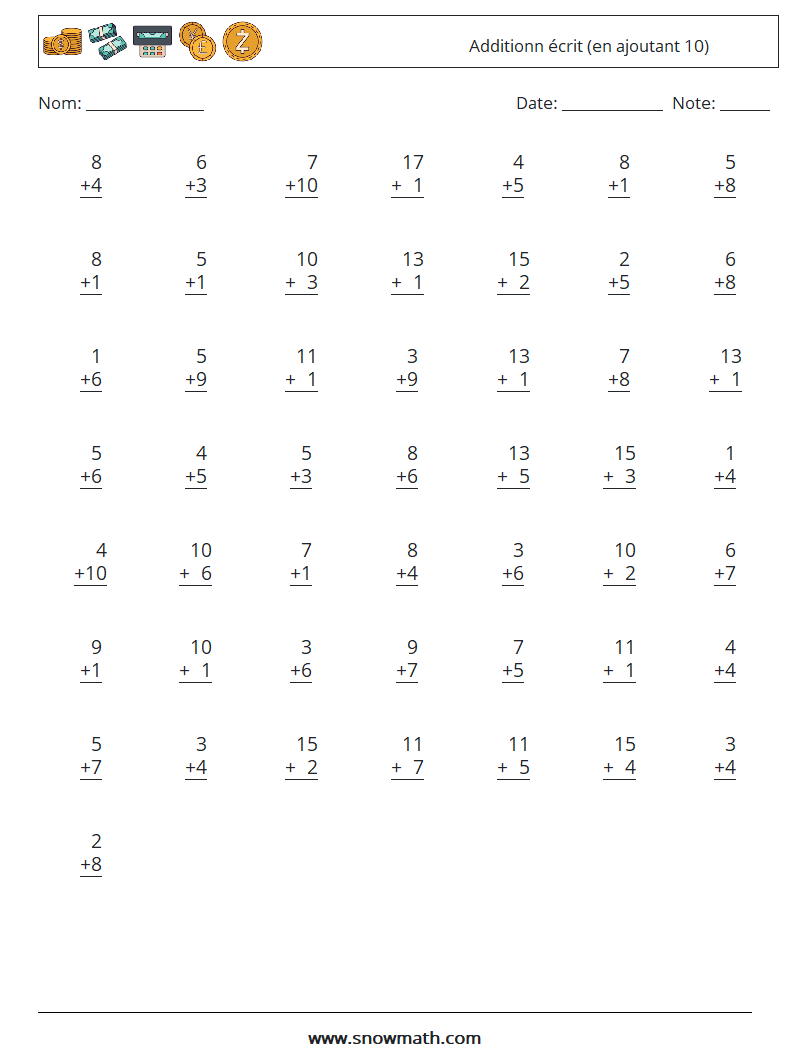 (50) Additionn écrit (en ajoutant 10) Fiches d'Exercices de Mathématiques 8