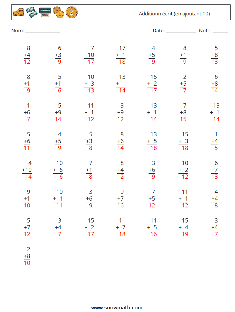 (50) Additionn écrit (en ajoutant 10) Fiches d'Exercices de Mathématiques 8 Question, Réponse