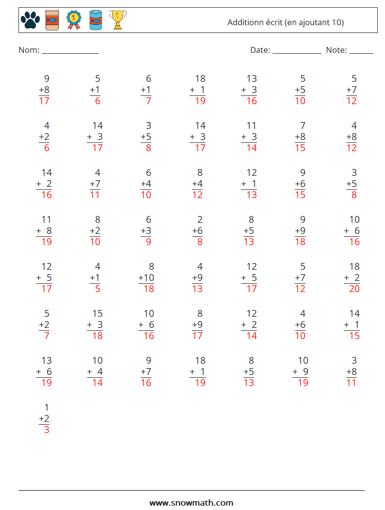 (50) Additionn écrit (en ajoutant 10) Fiches d'Exercices de Mathématiques 9 Question, Réponse