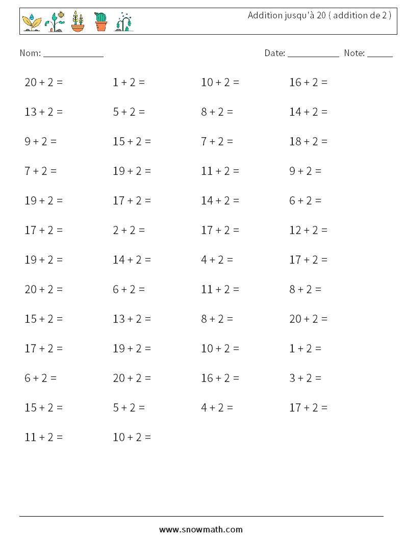 (50) Addition jusqu'à 20 ( addition de 2 ) Fiches d'Exercices de Mathématiques 1