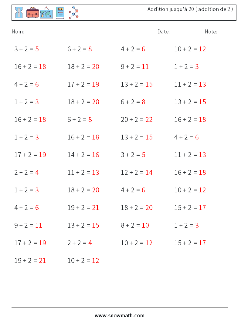 (50) Addition jusqu'à 20 ( addition de 2 ) Fiches d'Exercices de Mathématiques 2 Question, Réponse