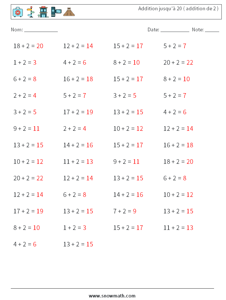 (50) Addition jusqu'à 20 ( addition de 2 ) Fiches d'Exercices de Mathématiques 3 Question, Réponse