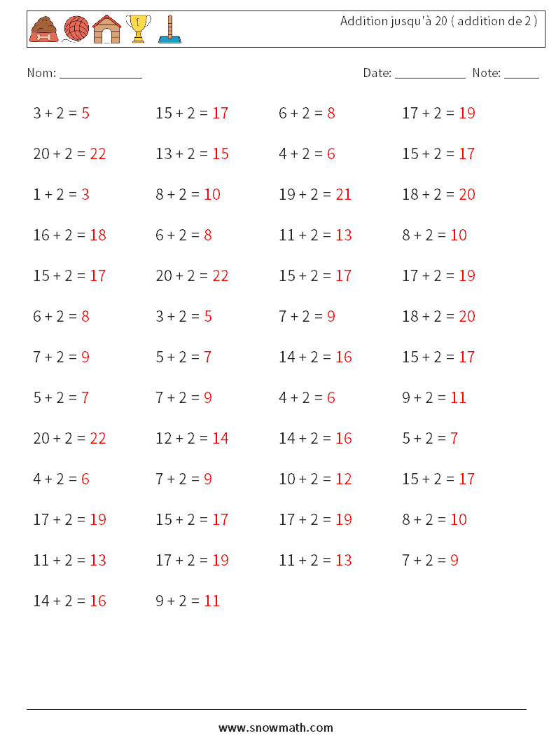 (50) Addition jusqu'à 20 ( addition de 2 ) Fiches d'Exercices de Mathématiques 5 Question, Réponse