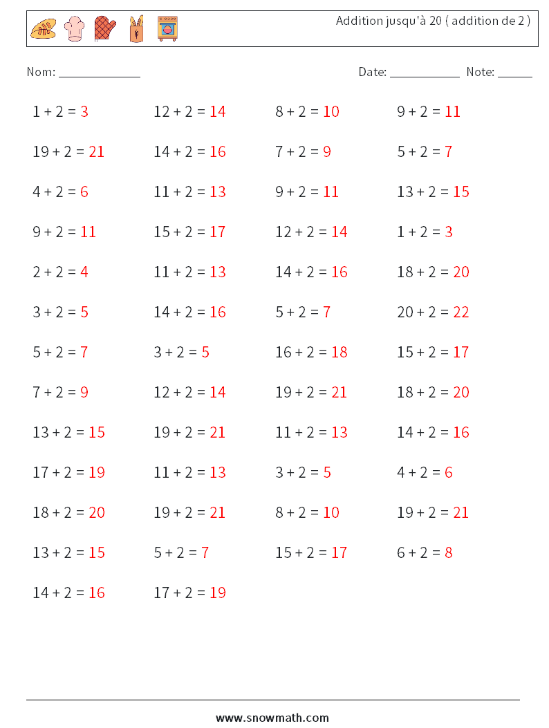 (50) Addition jusqu'à 20 ( addition de 2 ) Fiches d'Exercices de Mathématiques 6 Question, Réponse