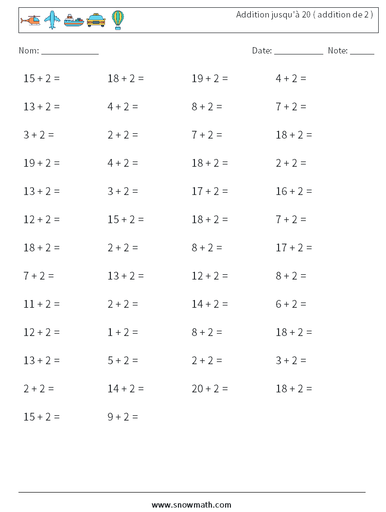 (50) Addition jusqu'à 20 ( addition de 2 ) Fiches d'Exercices de Mathématiques 7