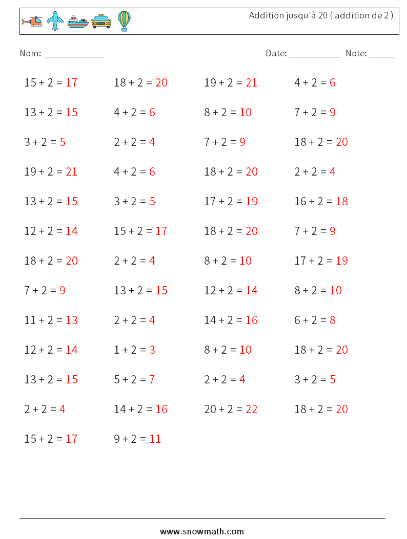 (50) Addition jusqu'à 20 ( addition de 2 ) Fiches d'Exercices de Mathématiques 7 Question, Réponse