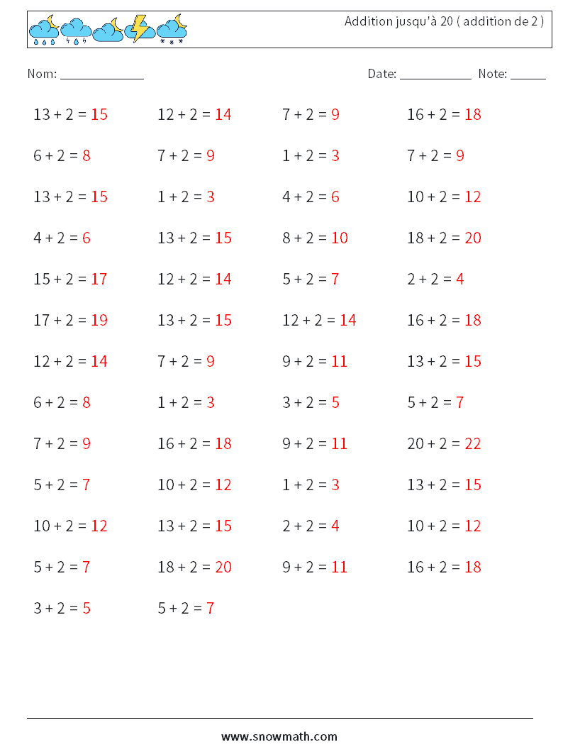 (50) Addition jusqu'à 20 ( addition de 2 ) Fiches d'Exercices de Mathématiques 8 Question, Réponse
