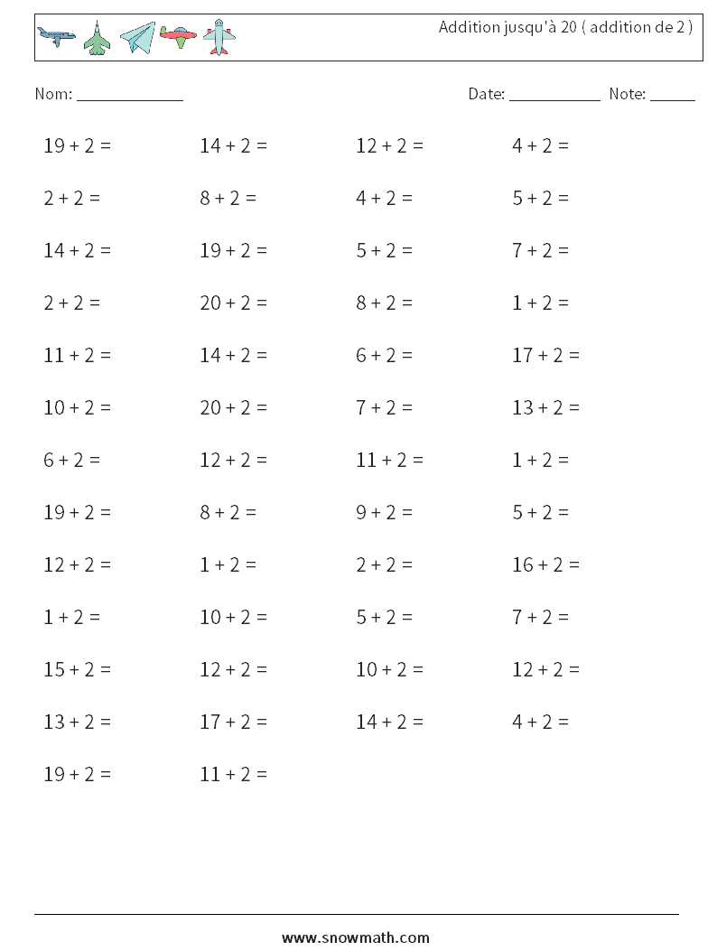 (50) Addition jusqu'à 20 ( addition de 2 ) Fiches d'Exercices de Mathématiques 9