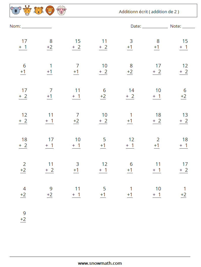 (50) Additionn écrit ( addition de 2 ) Fiches d'Exercices de Mathématiques 1