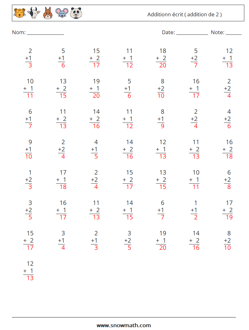 (50) Additionn écrit ( addition de 2 ) Fiches d'Exercices de Mathématiques 10 Question, Réponse