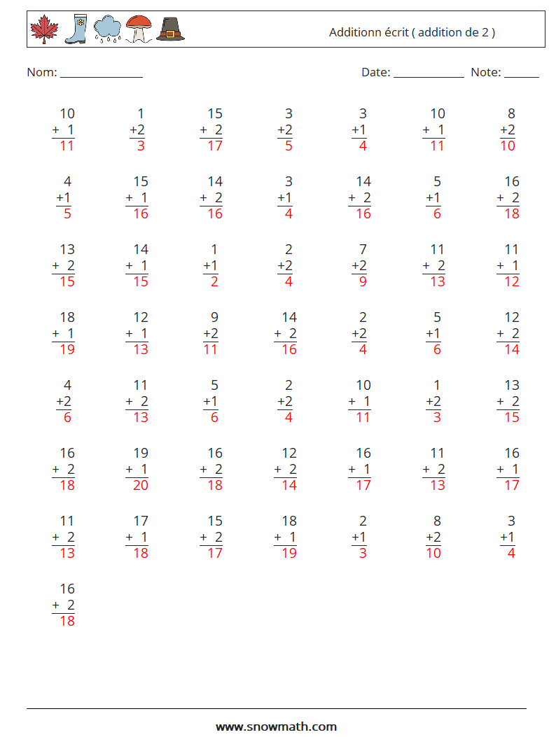 (50) Additionn écrit ( addition de 2 ) Fiches d'Exercices de Mathématiques 11 Question, Réponse