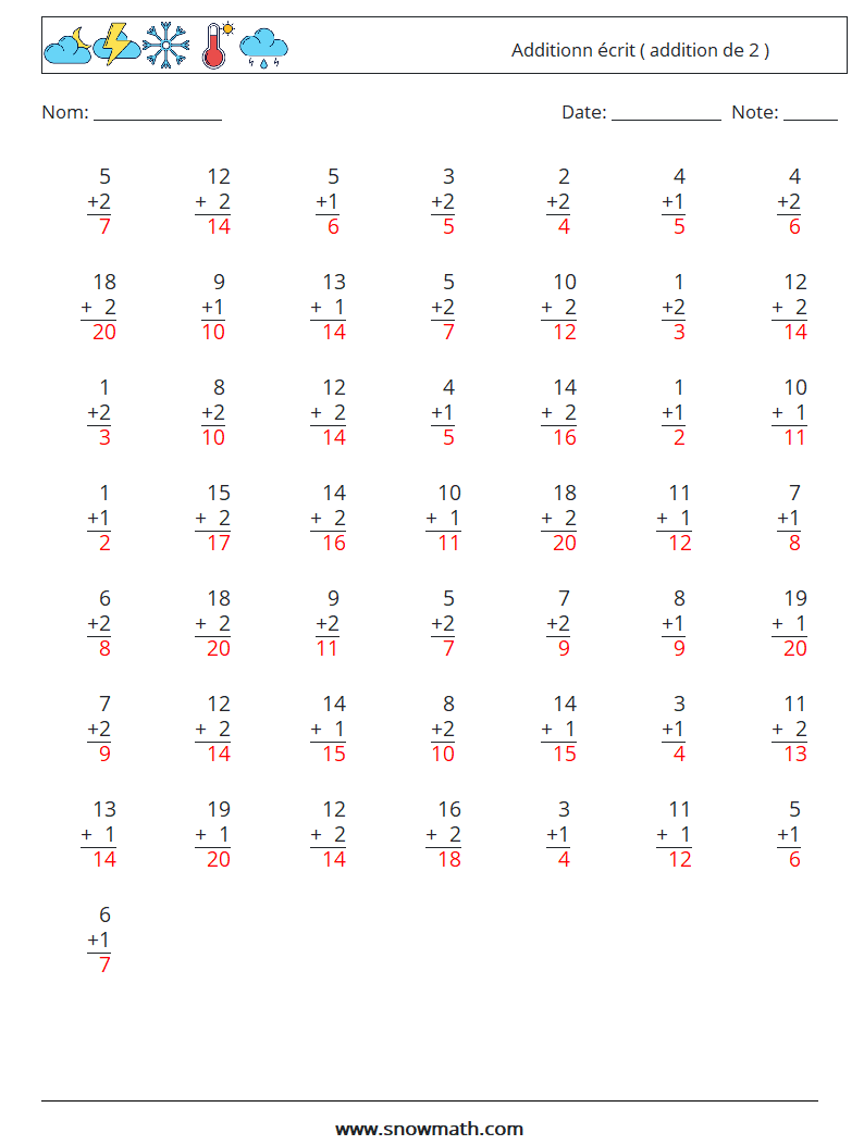 (50) Additionn écrit ( addition de 2 ) Fiches d'Exercices de Mathématiques 12 Question, Réponse