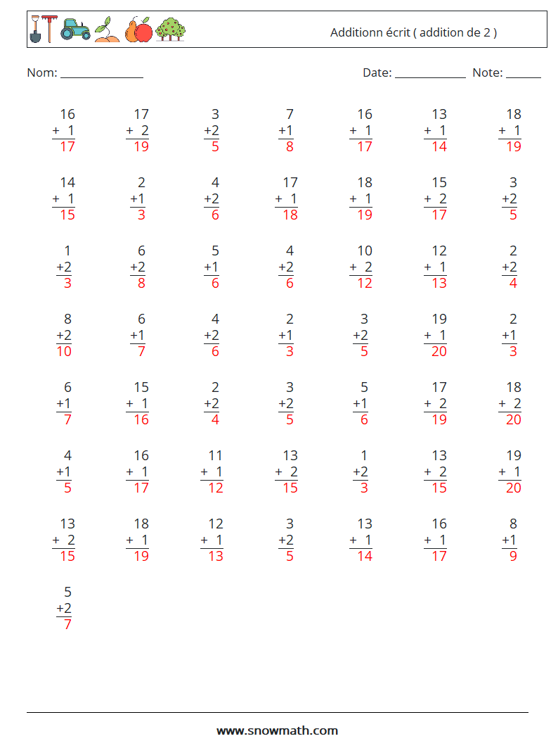 (50) Additionn écrit ( addition de 2 ) Fiches d'Exercices de Mathématiques 13 Question, Réponse