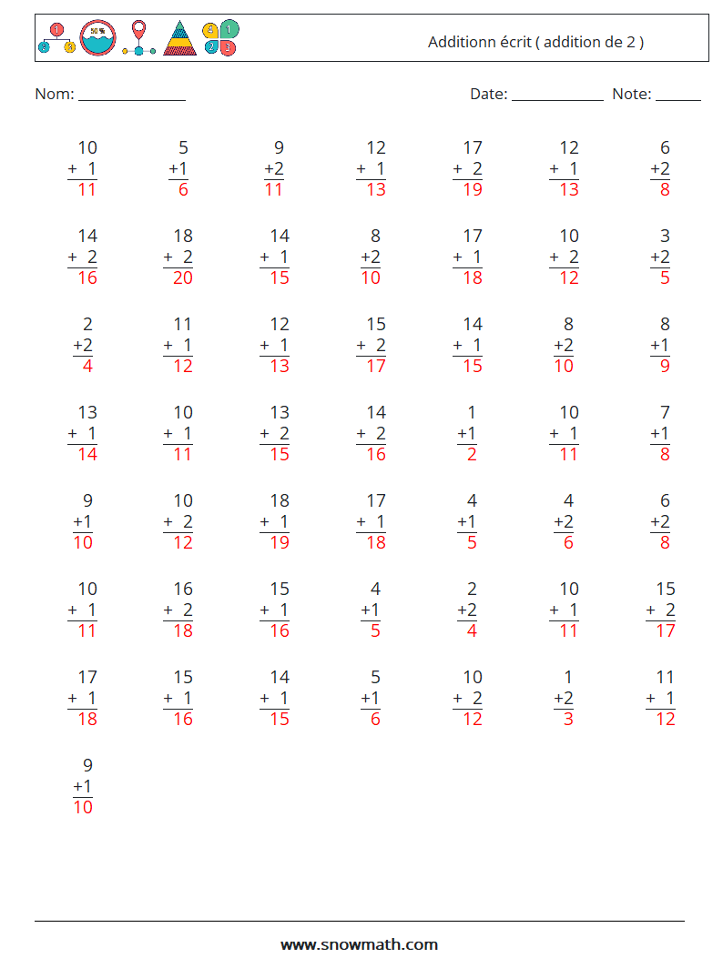 (50) Additionn écrit ( addition de 2 ) Fiches d'Exercices de Mathématiques 14 Question, Réponse