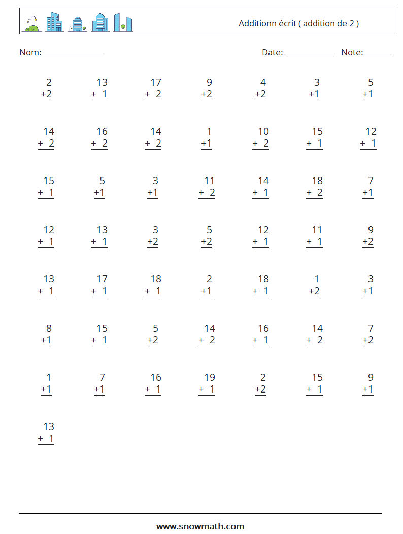 (50) Additionn écrit ( addition de 2 ) Fiches d'Exercices de Mathématiques 15